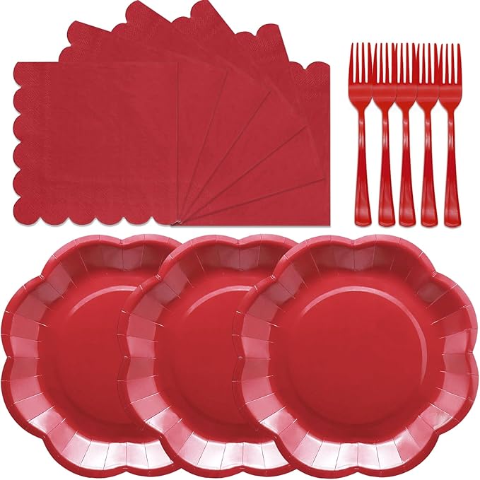 Red Paper Plates and Napkins Sets Party Supplies includes 7 inch Red Plates Disposable Scalloped Paper Napkins Plastic Forks for Birthday Cake Desserts Wedding Shower Valentines Party