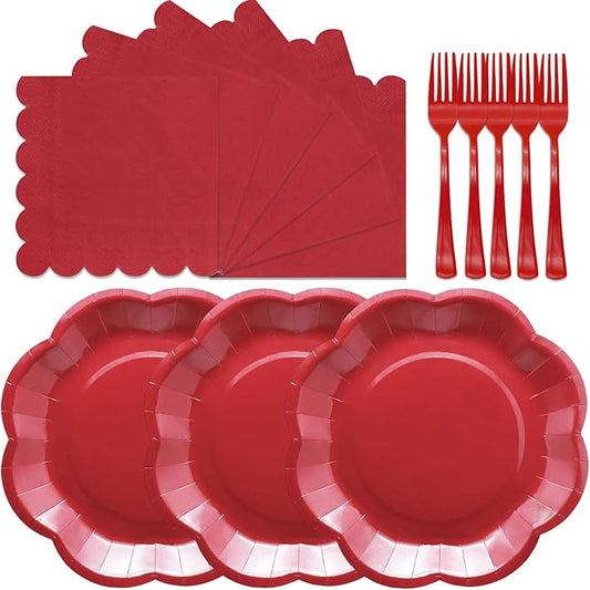 Red Paper Plates and Napkins Sets Party Supplies includes 7 inch Red Plates Disposable Scalloped Paper Napkins Plastic Forks for Birthday Cake Desserts Wedding Shower Valentines Party