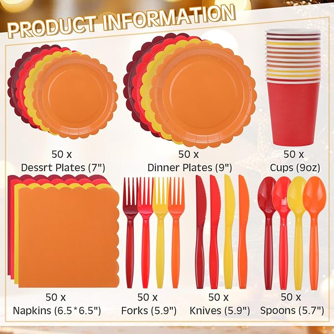 Ziliny 350 Pcs Fall Thanksgiving Plates and Napkins, 50 Guest Autumn Party Supplies Include Scalloped Paper Plates Napkins Cups Plastic Spoons Forks Knives Disposable Tableware Set for Harvest Party