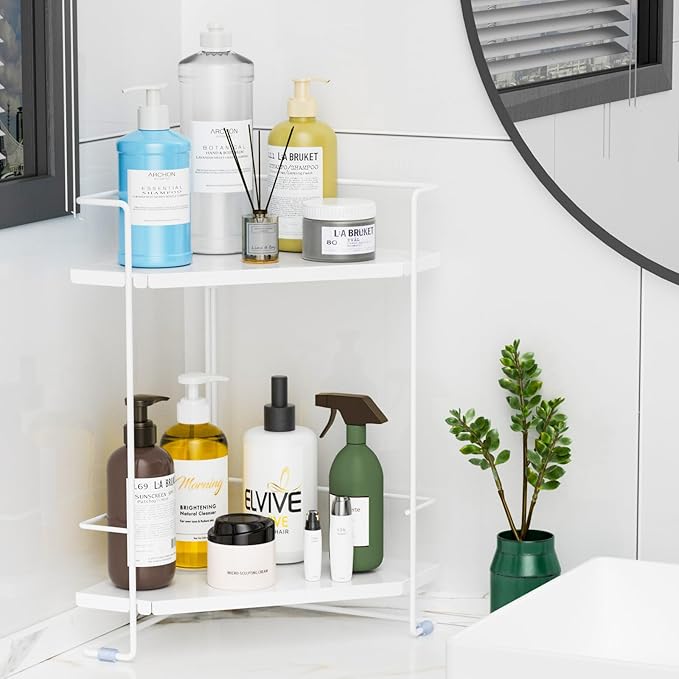 BOIVSHI 2-Tier Bathroom Counter Organizner, Bathroom Organizers and Storage for Bathroom, Kitchen Counter, Corner Storage Shelf for Bedroom, Storage, Makeup, Skincare, Perfume (White)