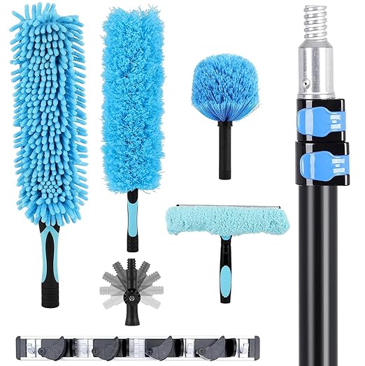 20ft High Reach Duster Kits, Heavy Duty High Reach Duster Kit for Cleaning, Spider Web Brush, Washable Dust Brush for High Roof and Glass Surfaces (with 5-12ft Extension Pole)