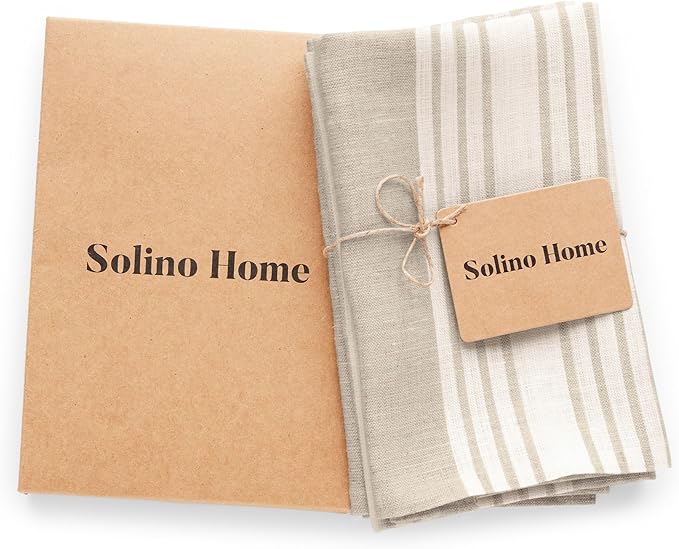 Solino Home White and Natural Linen Kitchen Towels Set of 2-100% Pure Linen 17 x 26 Inch Farmhouse Tea Towels with Hanging Loop - European Flax Kitchen Dish Cloth - Quick Dry & Machine Washable