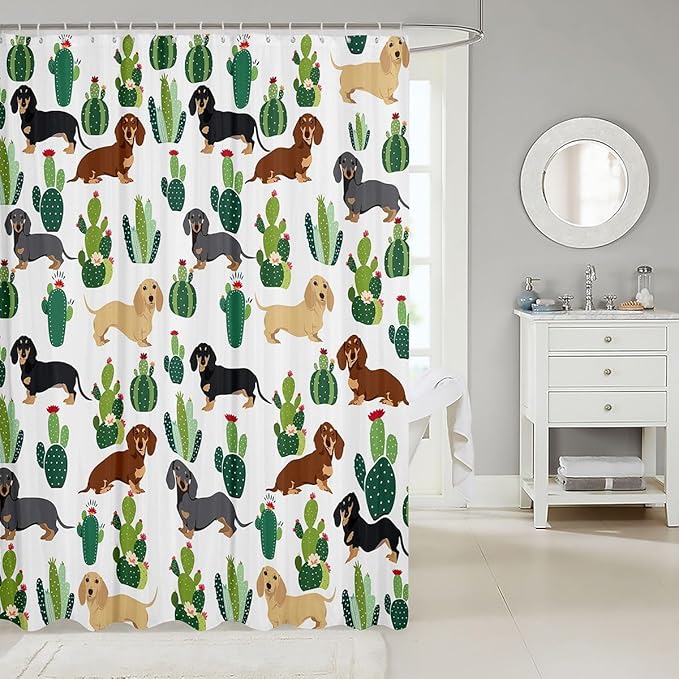Dachshund Decor Shower Curtain Tropical Cactus Plant Bath Curtain Dachshund Gifts for Women Girls,Lovely Pup Dog Flowers Shower Curtain Set Dog Lover 72"Wx78"L,Cute Pet Doggy Animal Bathroom Decor