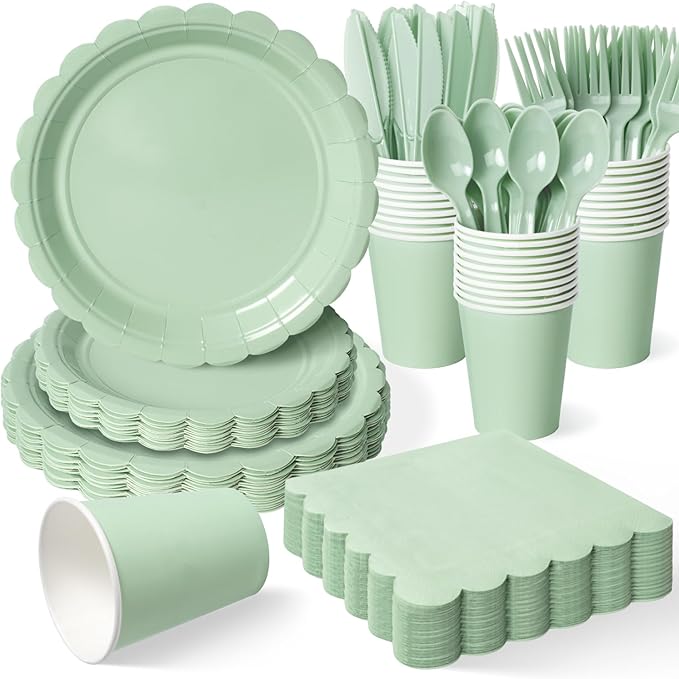 Vyntra 350 Pcs Sage Green Birthday Paper Plates and Napkins Set for 50 Guests, Disposable Party Supplies with Cups and Cutlery