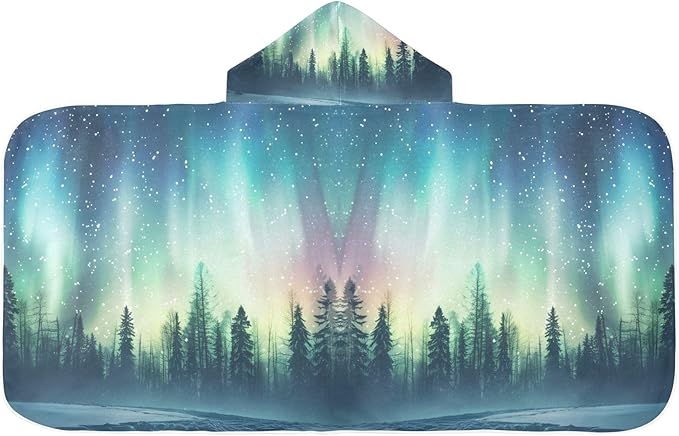 Hooded Towel for Kids Aurora Borealis in Woods Beach Wrap Bath Towels 50x23.5in