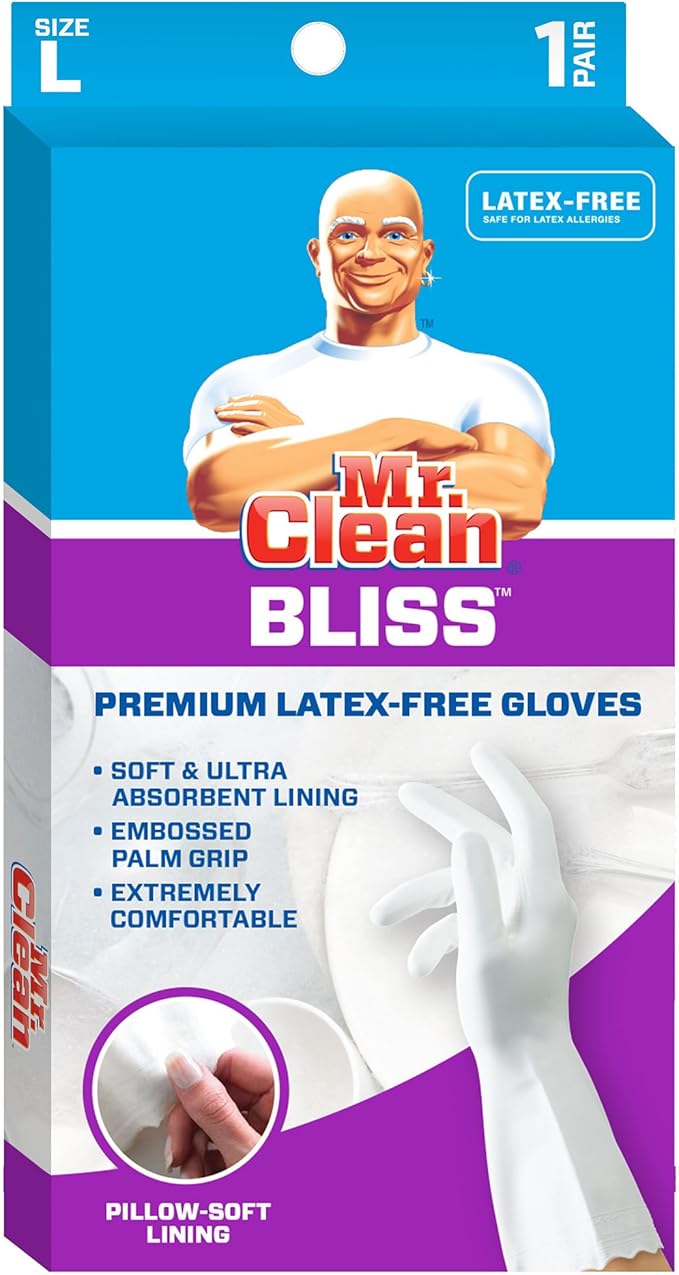 Mr. Clean Bliss Cleaning Gloves Premium Reusable Vinyl Latex-Free Gloves with Non-Slip Grip, Large