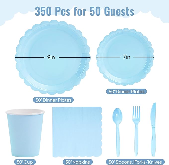 Fijinhom Light Blue Paper Plates Set, 350 PCS Party Supplies, Disposable Dinnerware Set for 50 Guests, Light Blue Paper Plates Napkins Cups Blue Plastic Forks Knives Spoons for Wedding Festivals