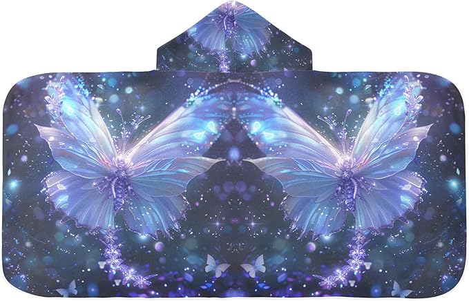 Hooded Towel for Kids Glowing Blue Butterfly Beach Wrap Bath Towels 50x23.5in
