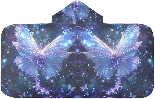 Hooded Towel for Kids Glowing Blue Butterfly Beach Wrap Bath Towels 50x23.5in