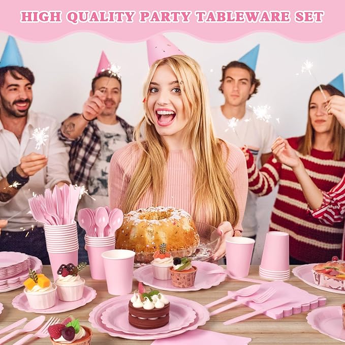 Vyntra 175 Pcs Pink Valentines Disposable Paper Plates and Napkins Set for 25, 9" Dinner Plates & 7" Dessert Plates, Tableware for Easter Party