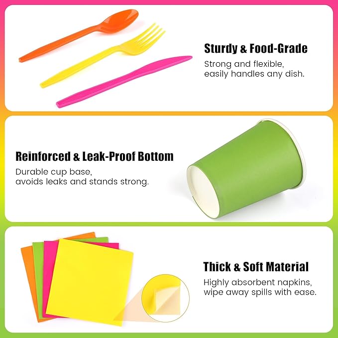 Kochorie 350 Pieces Neon Dinnerware Set, 7 & 9 inch Dessert Paper Plates Cups Napkins Plastic Cutlery Disposable Party Supplies for Neon Glow Party Birthday Baby Shower Wedding, Serve 50 Guests