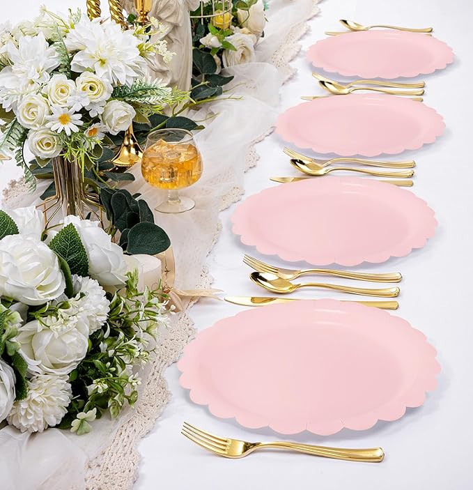 HEIPINIUYE 25 Pieces Light Pink Paper Plates 9 Inch Pink Scalloped Plates Disposable Dinner Plate for Wedding Baby Shower Birthday Party Dessert Plate