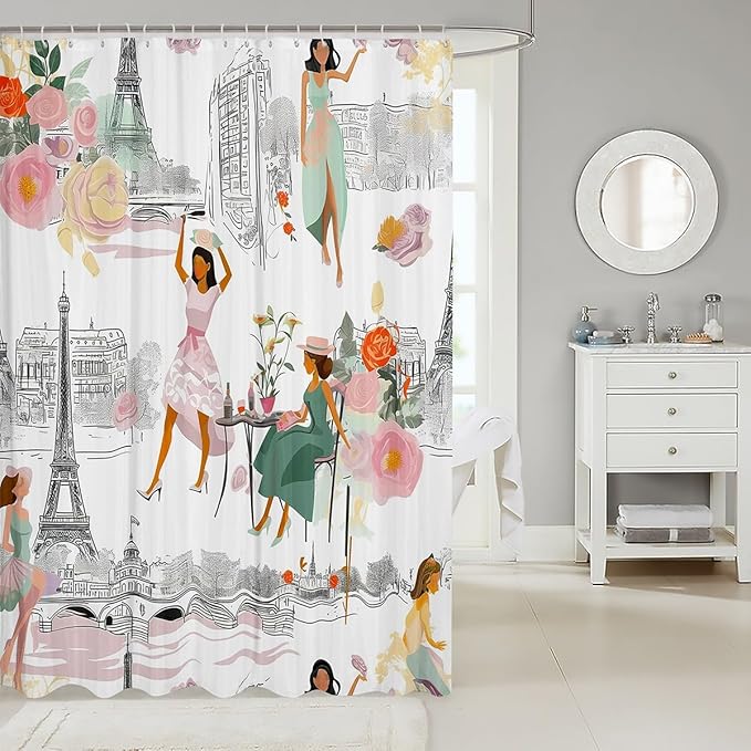Feelyou Kids Eiffel Tower Shower Curtain Paris Romantic Rose Floral Bath Curtain for Boys Teens Decor France Stree Scence Cover Set Trip Design White Kids Bathroom Accessories 72"x78"