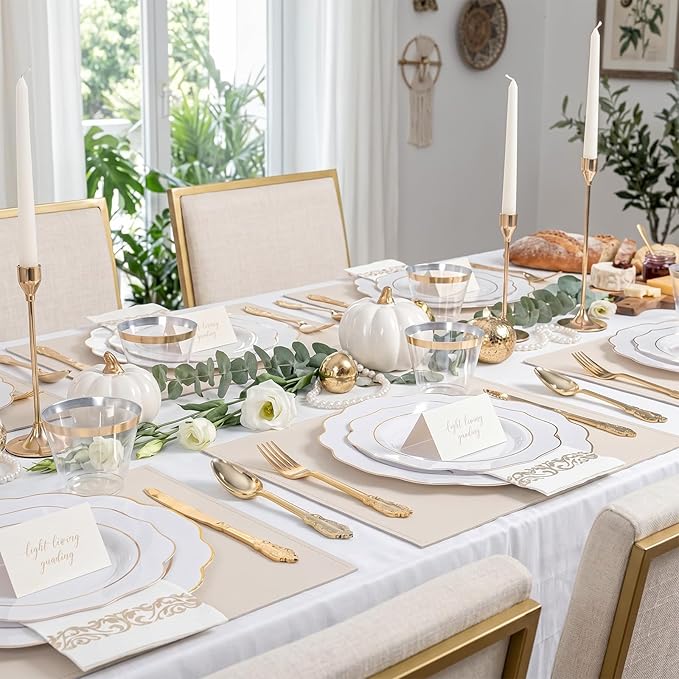 NOCCUR 175PCS Gold Plastic Plates with Disposable Silverware - White Gold Plastic Tableware Include 25 Dinner /25 Dessert Plates, 75 Cutlery, 25 Cups, 25 Napkins - Ideal for Party/Wedding
