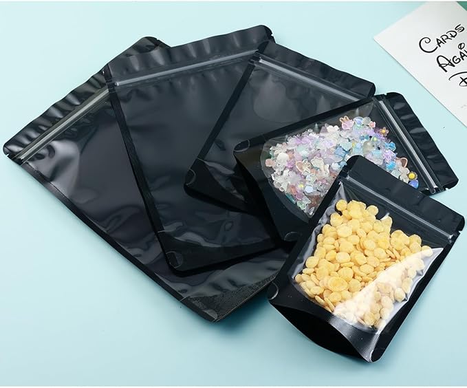 4X6 Resealable Bags 200 Pcs Mylar Bags for Food Storage Candy Packaging Black Mylar Bags with Window Reclosable Small Stand Up Pouches Edible Packaging for Small Business