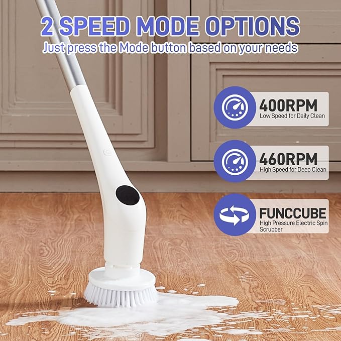 FUNCCUBE Electric Spin Scrubber - Bathtub Shower Scrubber,Bathroom Cleaning Brush Floor Brushes with Long Handle,Power Cordless Automatic Handheld Mop Cleaner for Bath Tub Kitchen Tile Grout Hardwood