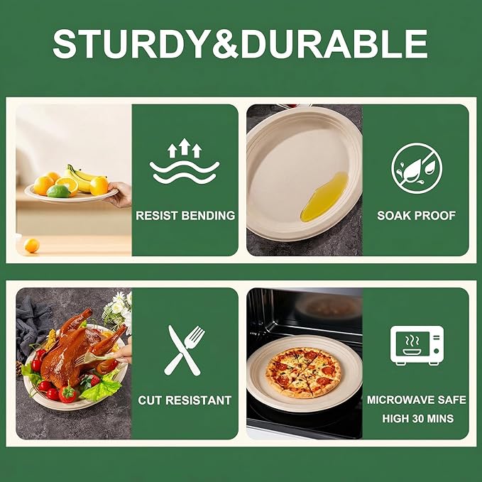 DaYammi 100% Compostable Oval Paper Plates 12 Inch, 60-Pack Heavy Duty Paper Plates Bulk,Biodegradable Bagasse,Eco-Friendly Disposable Dinner Plate for BBQ,Picnic,Party (BPI Certified,Microwaveable)