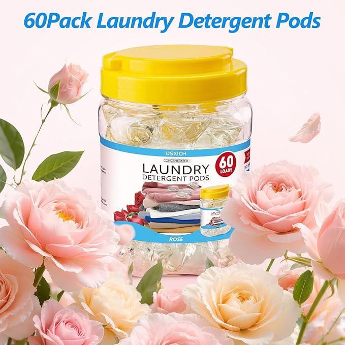 60 Pack Laundry Detergent Pods- 5-in-1 Stain Remover Laundry Soap Pods- Ultra Concentrated,Dissolvable Detergent Pods Bulk for Washing Machines,Rose Scent