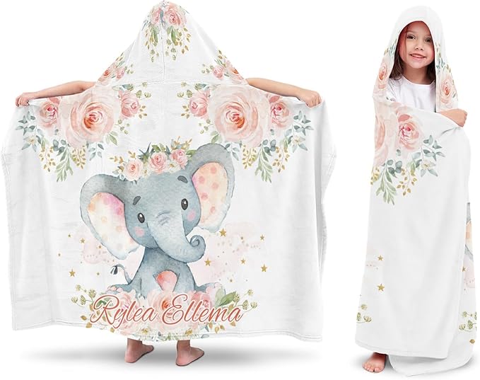 Girl Elephant Floral Personalized Kids Hooded Towel with Name Soft Absorbent Beach Pool Bath Towels Hood Poncho for Boys Girls