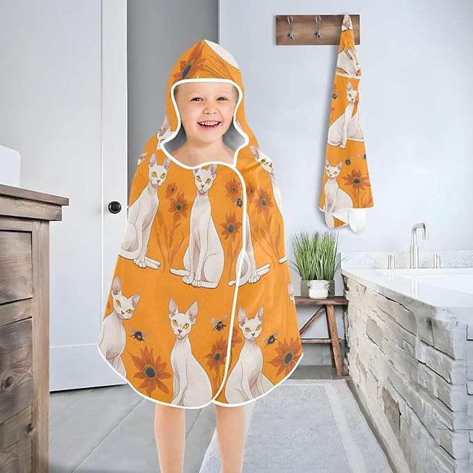 Kids Hooded Beach Towel Energetic Sphynx Cats Orange Hooded Beach Towel for Girl Boy Quick Dry Bath Towel with Hood