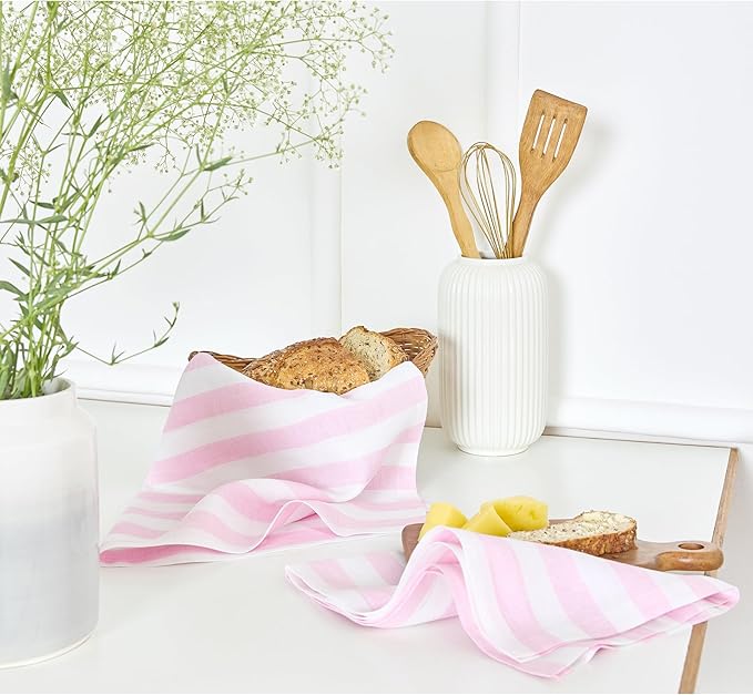 Solino Home Pink and White Linen Kitchen Towels Set of 2-100% Pure Linen 17 x 26 Inch Sorrento Stripe Tea Towels with Hanging Loop - European Flax Kitchen Dish Cloth - Quick Dry & Machine Washable