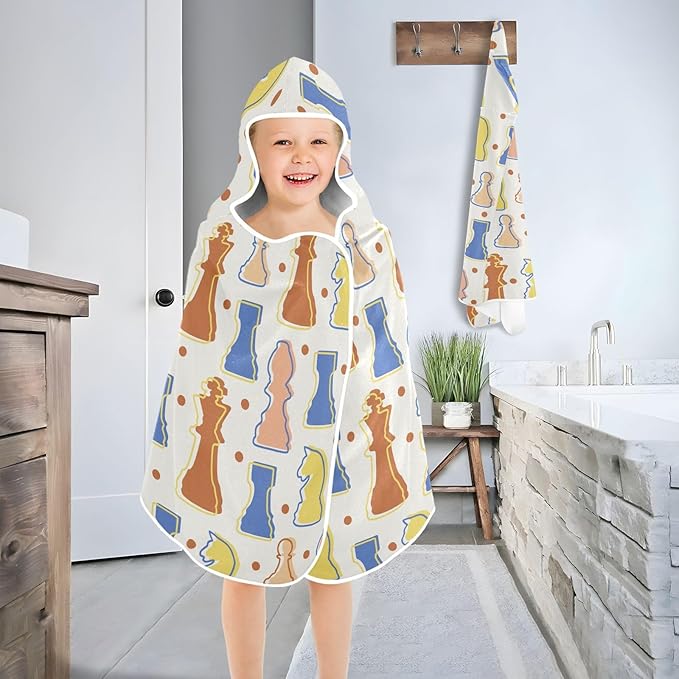 susiyo Kids Hooded Bath Towel Chess Colorful Figures Beach Towel for Kids 23.5 x 50 Inch Microfiber Soft Absorbent Quick Dry Bath Swim Pool Towel Wrap Poncho Bathrobe with Hood for Kids Toddler
