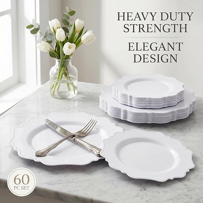 COLOSUS 60PCS White Plastic Plates-Fancy Plastic Beaded Plates,Plastic Premium Hard Plastic Plates for Party, Elegant White plates,Include10.5 Dinner plates & 8.25" Dessert plates for Mother's Day