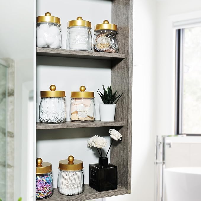 Farmhouse Decor Apothecary Jar Set, Mason Jar Bathroom Vanity Storage Organizer Canister-Qtip Holder Plastic Acrylic Jar for Cotton Swabs, Cotton Pad, Floss Pick, Paper Clips, Hair Clip (4 Pack, Gold)