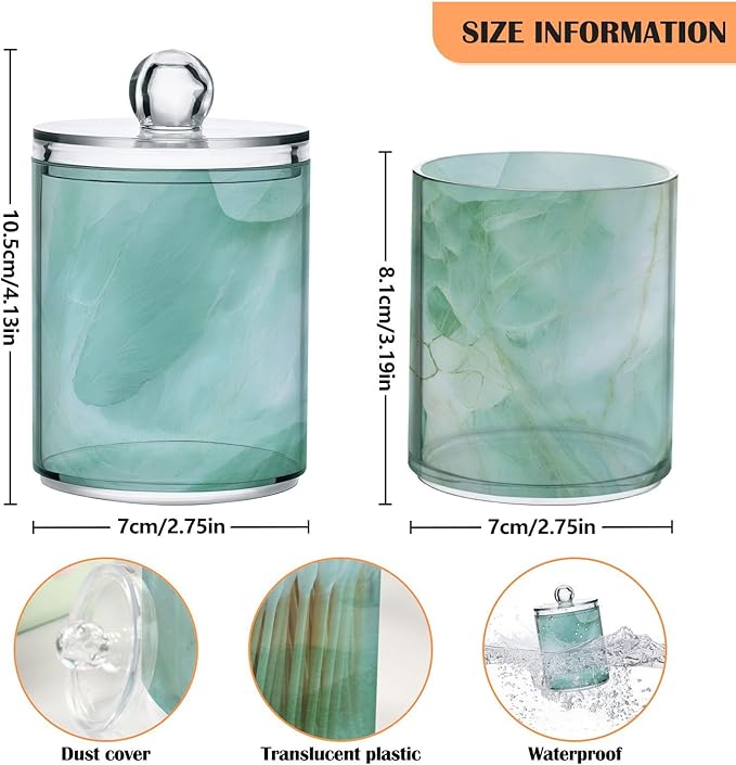 Blueangle 2PCS Green Marble Pattern Qtip Holder Dispenser with Lids - Apothecary Jar Containers for Vanity Organizer Storage - Plastic Food Storage Canisters（182）