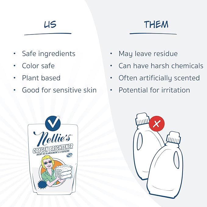 Nellie’s Oxygen Brightener –Powder Stain Remover for Laundry – Brightens Whites, Protects Colors – Bleach-Free, Septic-Safe (50 Scoops) - Made in Canada