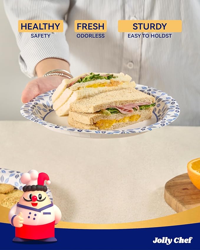 JOLLY CHEF 8.37 inch Disposable Paper Plates 140 Count Soak Proof, Cut Proof, Heavy Duty Printed Disposable Plate for Everyday Use