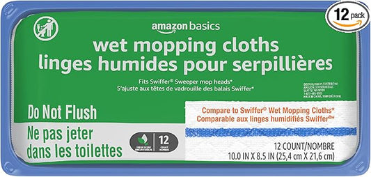 Amazon Basics Wet Mopping Cloth Refills, Floor Cleaning, Fresh Scent, 12 Count (Fits Swiffer Sweeper Mop Heads)