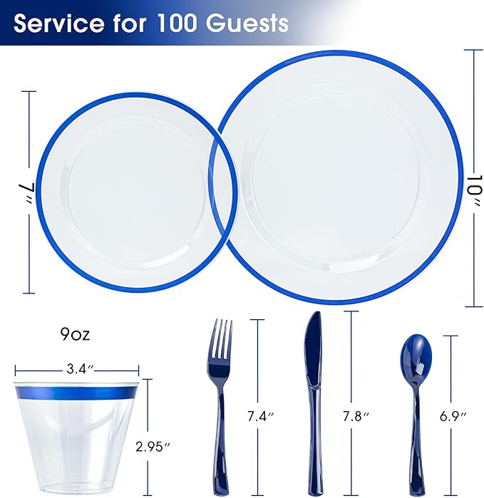 N9R 600PCS Disposable Plastic Plates, Blue Plastic Dinnerware Set Includes 100 Dinner Plates, Dessert Plate, Cups, Spoons, Forks, Knives for 100 Guests, Perfect for Party, Wedding, Birthday