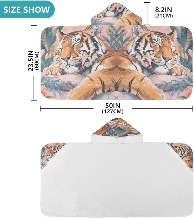 Hooded Towel for Kids Tiger Sleeping Soundly Beach Wrap Bath Towels 50x23.5in