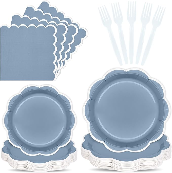 96 Pcs Dusty Blue and White Paper Plates and Napkins Set, Tableware set for 24 Guest include Baby Blue Dinner Plates with White Scalloped Edge, Napkins and Forks for Baby Boy Shower, Wedding, Birthday