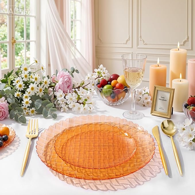 Festiva 60PCS Clear Orange Plastic Plates - Heavy Duty Weave Pattern Fancy Disposable Plates -serve for 30 guests Include 30PCS 10" & 30PCS 7" Plates for Birthday & Easter Party(Orange)