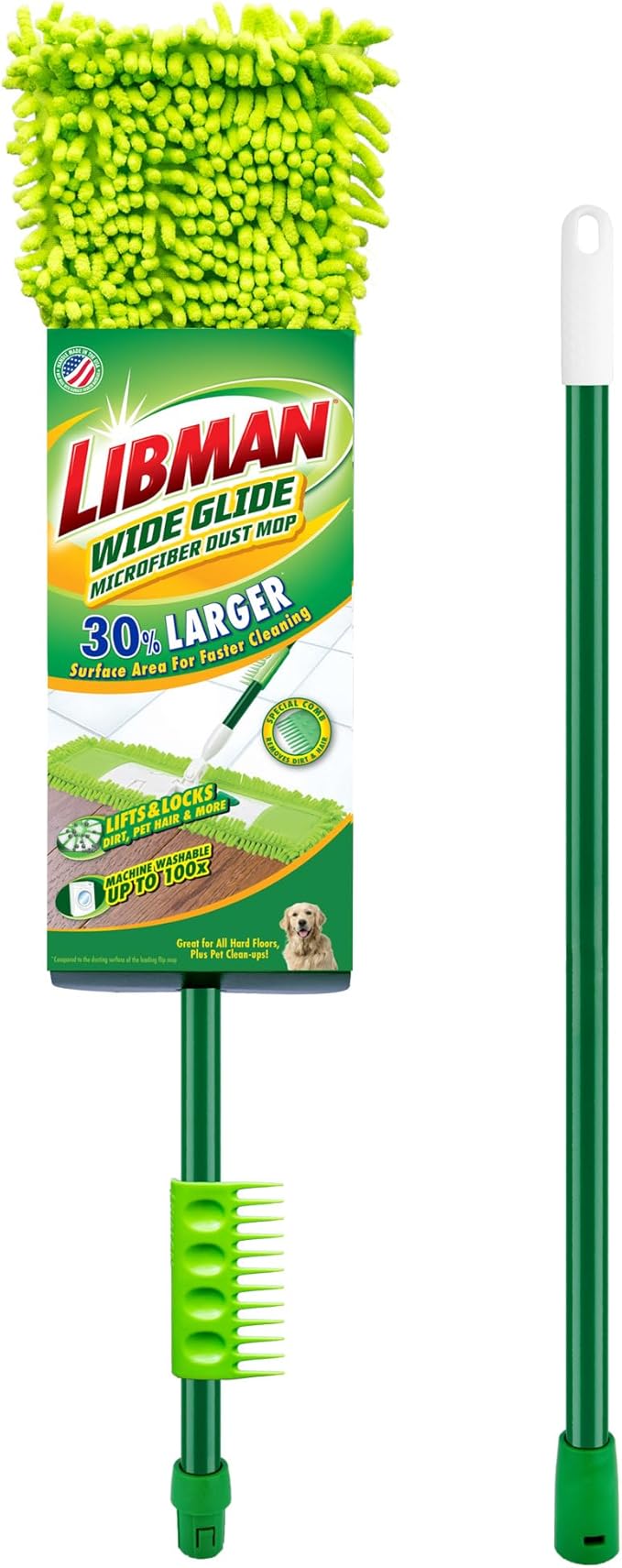 Libman Wide Glide Microfiber Dust Mop, Microfiber Fingers for Floor Cleaning, Hardwood, Laminate, Tile Cleaner, 360 Degree Swivel Head, 2 Piece Handle