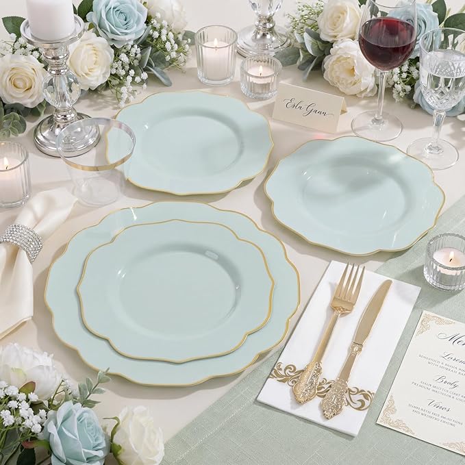 NOCCUR 175PCS Sage Green Plastic Plates with Gold Disposable Silverware - Include 50 Green and Gold Plastic Plates,25 Knives,25 Forks,25 Spoons,25 Cups and 25 Napkins - Mother's Day/Spring Party