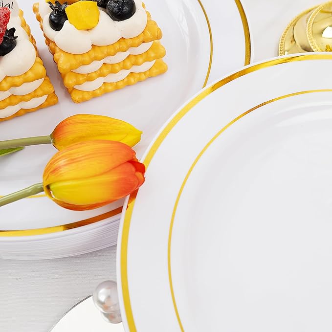 bUCLA 30PCS White and Gold Plastic Dinner Plates Disposable - 10.25inch Premium White Gold Rim Plates, Ideal for Wedding & Party