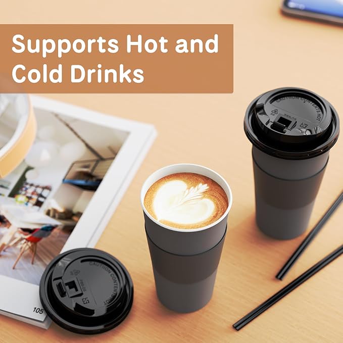 Clawsoff 100 Pack 12 oz Disposable Paper Coffee Cups with Lids and Sleeves and Stirring Sticks, Leak-free Disposable Insulated Paper Cups for To Go Hot or Cold Beverages(Gray)