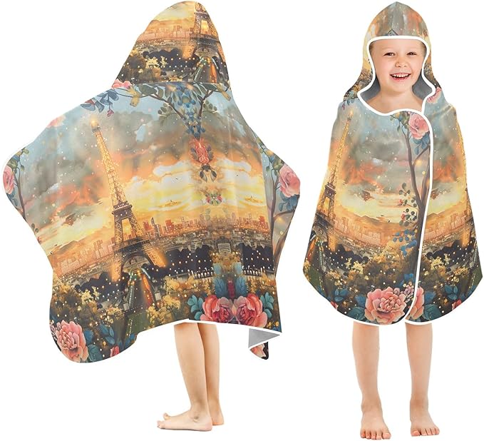 Hooded Towel for Kids Iron Tower Backdrop Beach Wrap Bath Towels 50x23.5in