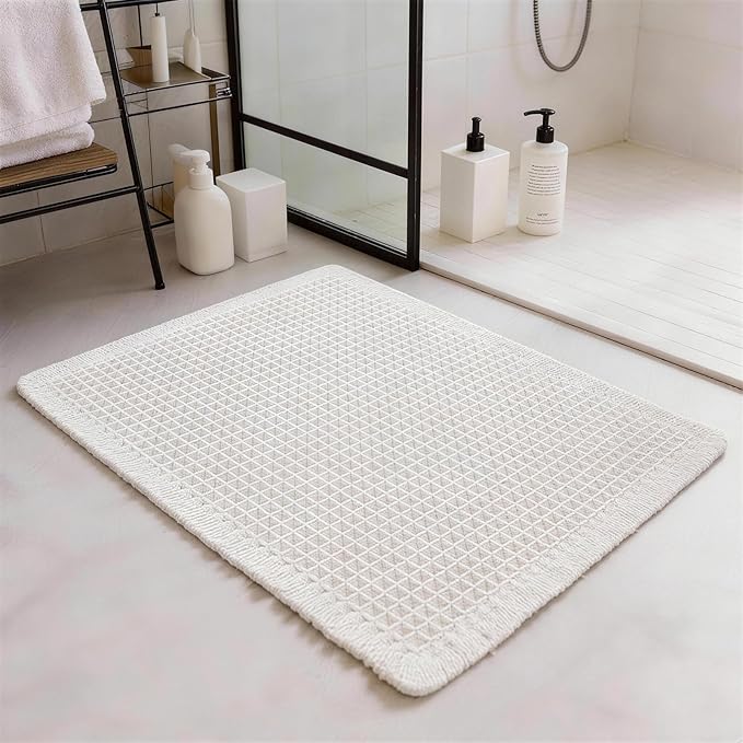 Waffle Bathroom Rugs, Non Slip Absorbent Waffle Knit Bath Mat for Shower Floor, Tub and Bathroom Door, Ultra Soft Quick Dry, Cream White, 17''x24''