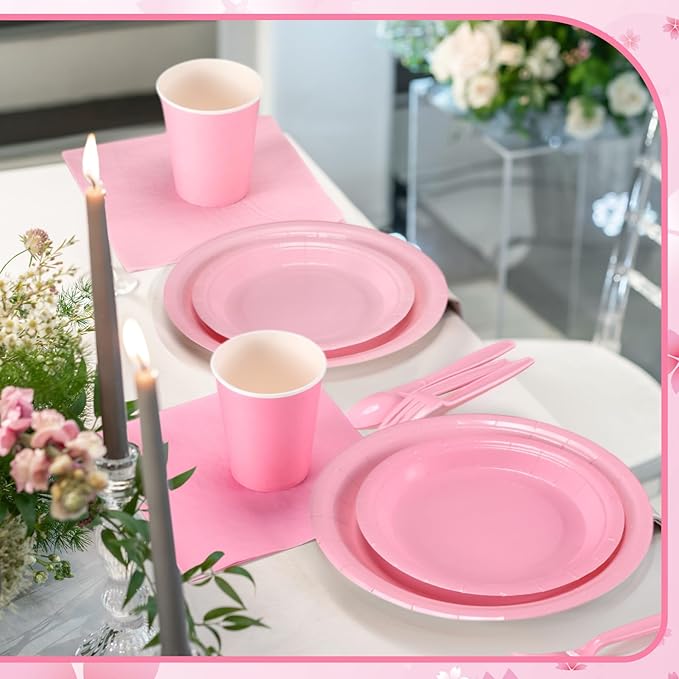 Nuogo 336 Pcs Pink Party Supplies Set Pink Paper Plates Napkins Cups Plastic Spoons Forks Knives Disposable Dinnerware for Birthday Baby Shower Wedding