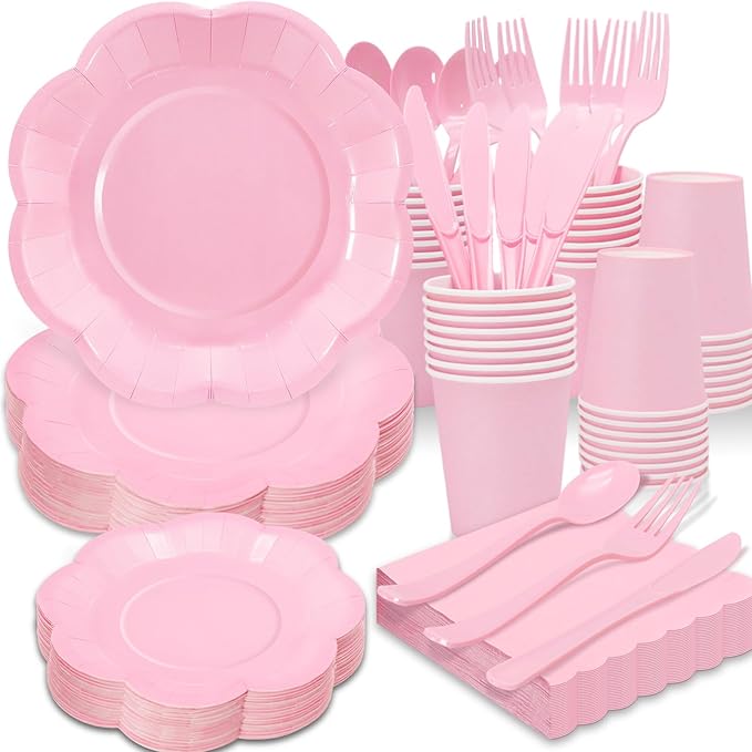 350PCS Light Pink Paper Plates and Napkins Set with Utensils Serve 50 Guests,Pink Party Decorations for Baby Shower Graduation Valentines Day Party Supplies