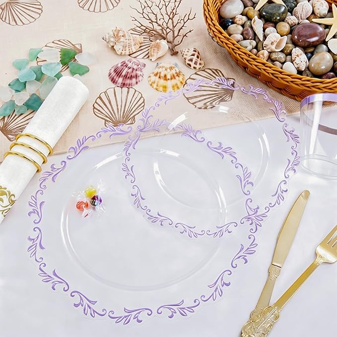 PULOTE 175PCS Purple Plastic Plates - Clear Plastic with Purple Rim - Include 25 Each (Dinner & Dessert) Plates, 25 Guests Cutlery, 25 Cups, 25 Napkins for Party & Spring