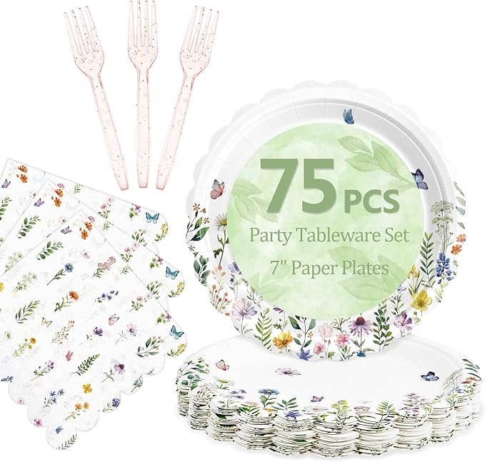 75 Wildflower Themed Plates and Napkins Disposable Set Includes 25 Dessert Cake Scalloped Plates, Cocktail Napkins & Forks, for Fork 25 Guests Holiday Party Supplies.
