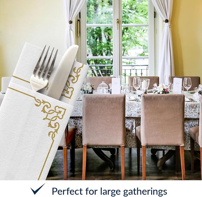 PAW - Linen Feel Napkins with Built-in Flatware Pocket, Soft and Absorbent Paper Pre-Folded Napkins with Gold Frame, Elegant Guest Towels, Wedding Party, Dinner, Birthday, Gatherings, 50 Count