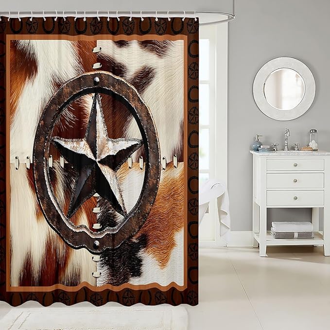 Feelyou Farmhouse Cowhide Shower Curtain for Kids Boys Girls Cow Fur Star Print Bathroom Shower Curtain Set Western Farm Animal Skin Bath Curtain Decor Grid Brown Kids Bathroom Accessories 72"x84"