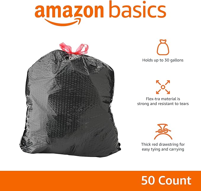 Amazon Basics Flextra Multipurpose Drawstring Trash Bags,30 Gallon,50 Count (Pack of 6)