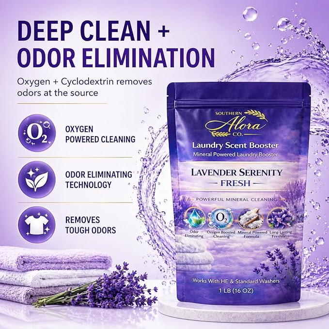 Oxygen Boosted Laundry Scent Booster Powder – Laundry Booster & Odor Eliminator, Laundry Freshener, Deep Clean Detergent Booster, Long Lasting Laundry Scent, HE Safe (1lb) (Lavender Serenty Fresh)